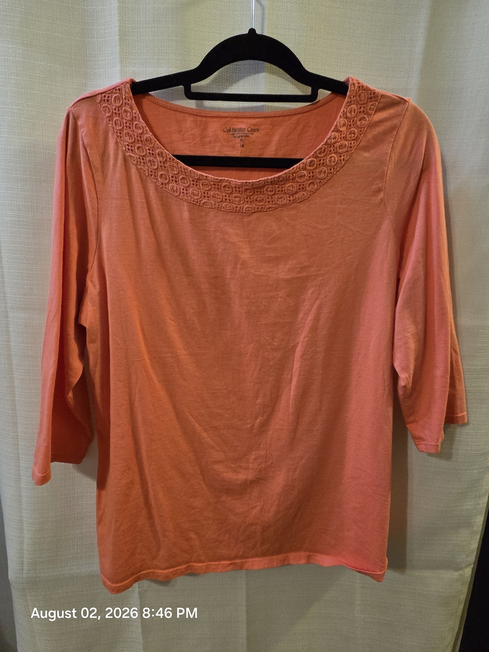 Coldwater Creek Coral Scoop-Neck Embroidered 3/4 Sleeve Top